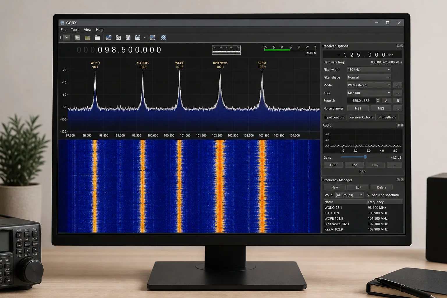 GQRX software interface showing FM radio spectrum and waterfall display