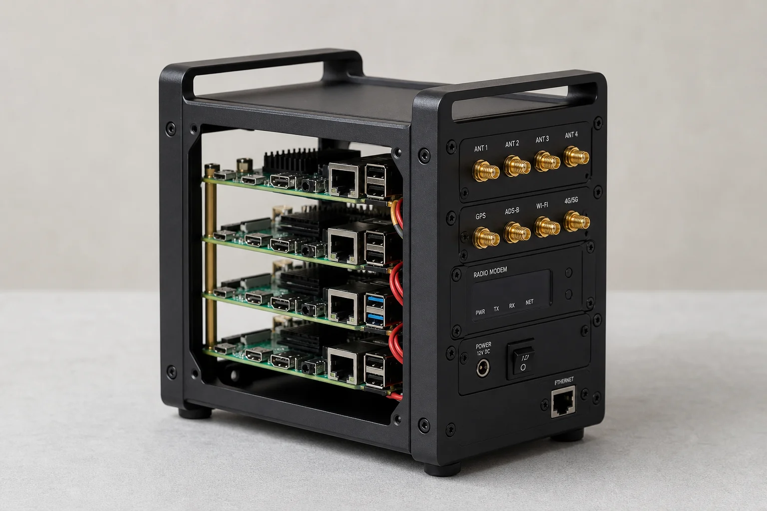 Compact mini rack enclosure with stacked Raspberry Pi and radio equipment