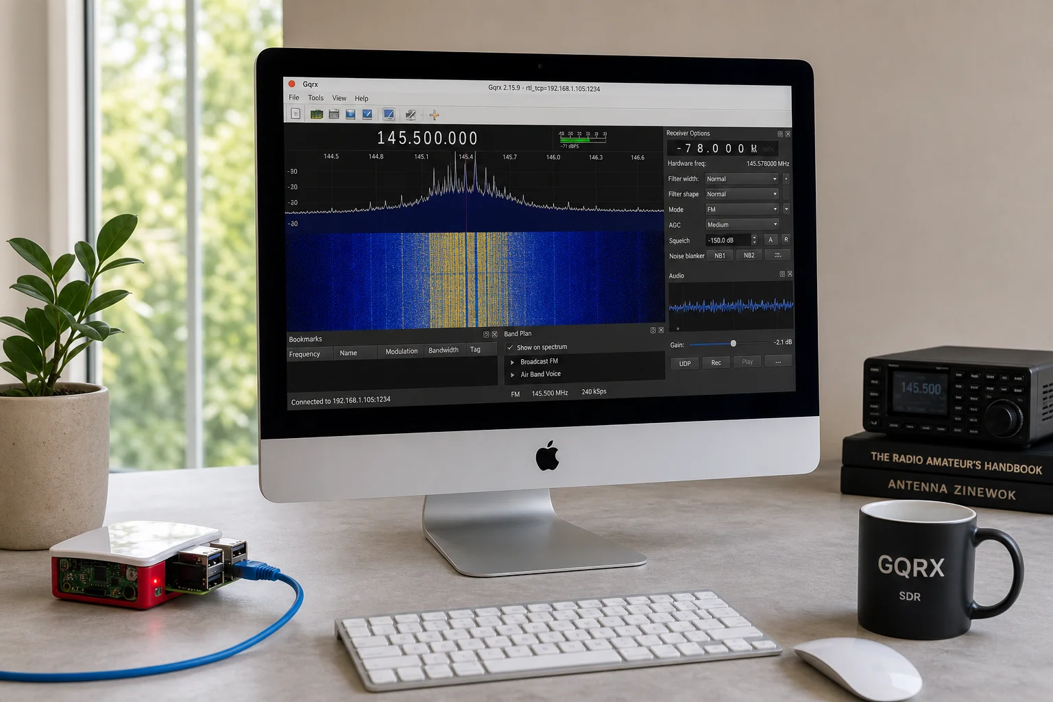 Network streaming setup with Mac computer displaying remote SDR reception