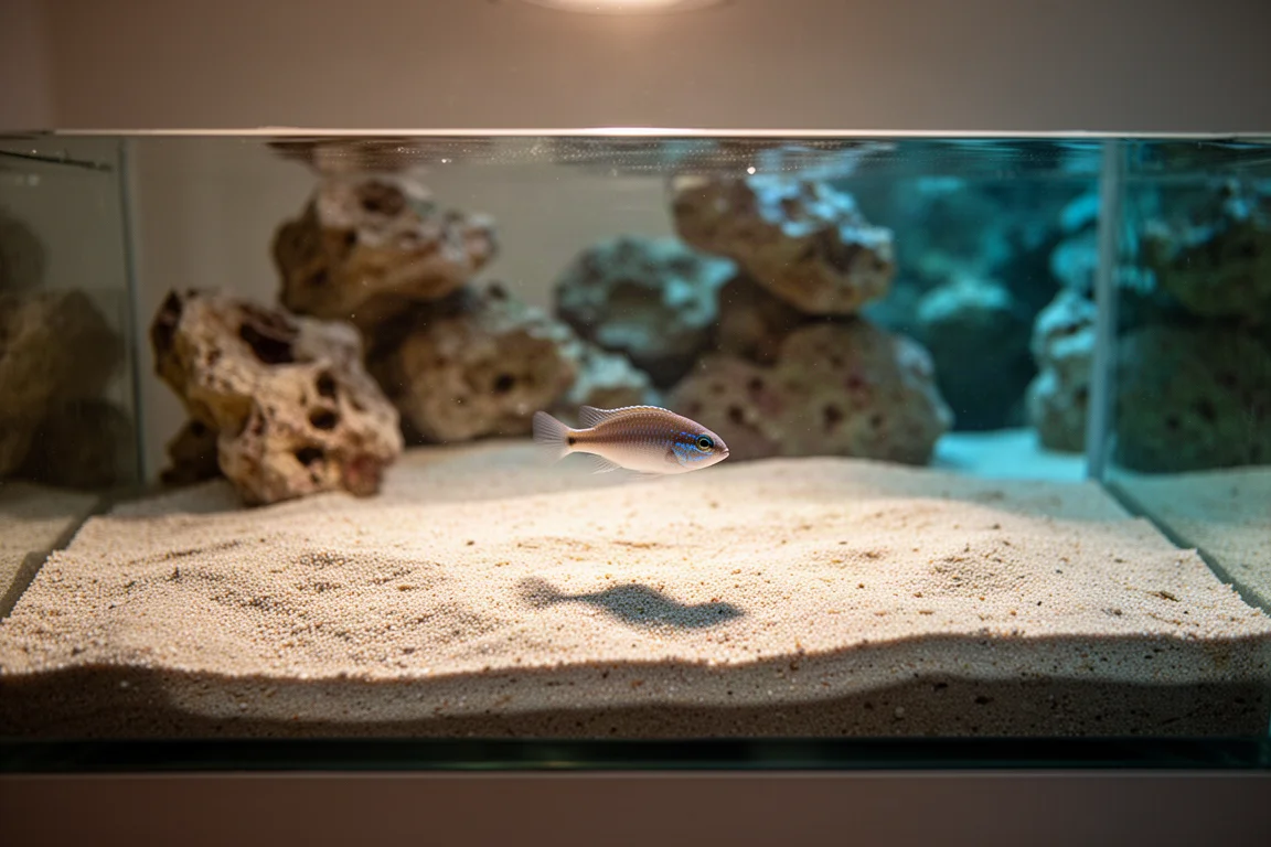 Sand-sifting wrasse hovering above a bright aragonite sand bed in a reef tank