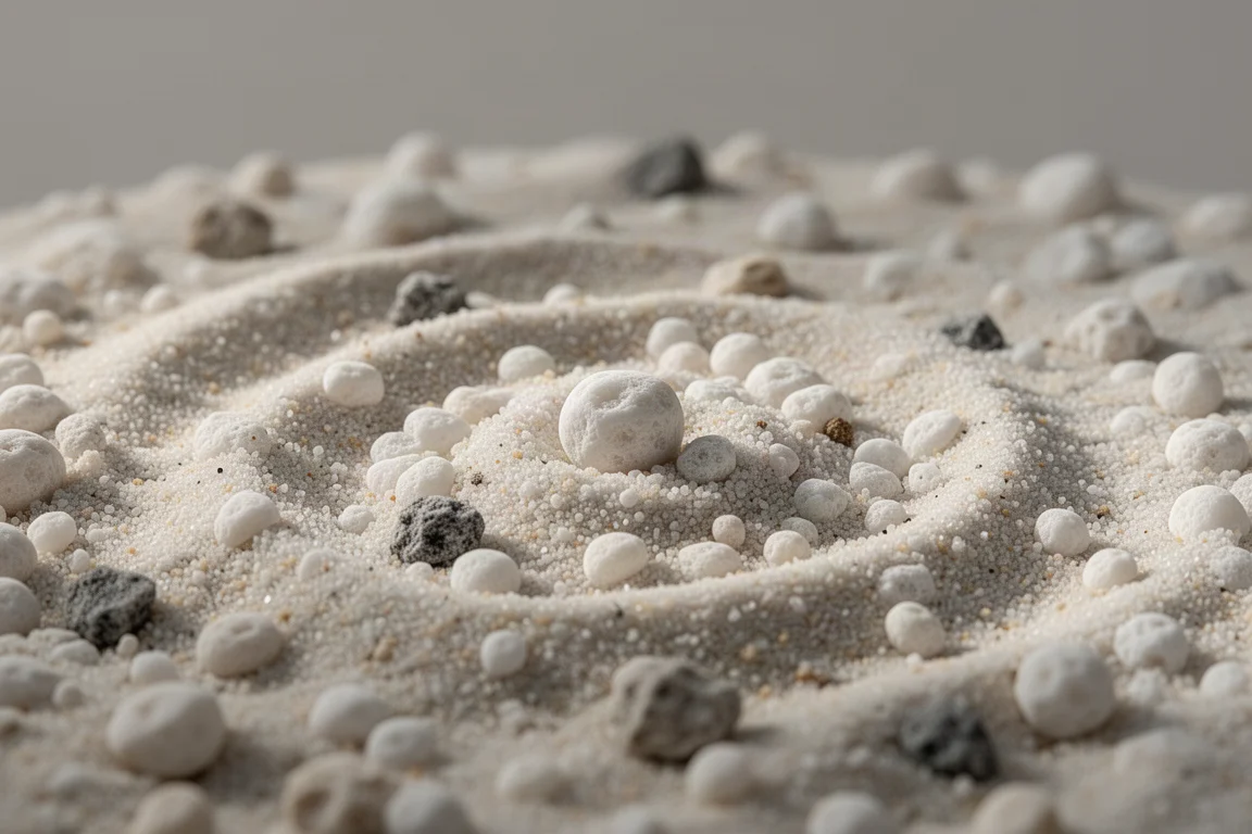 Macro close-up of pale aragonite aquarium sand grains with even particle size