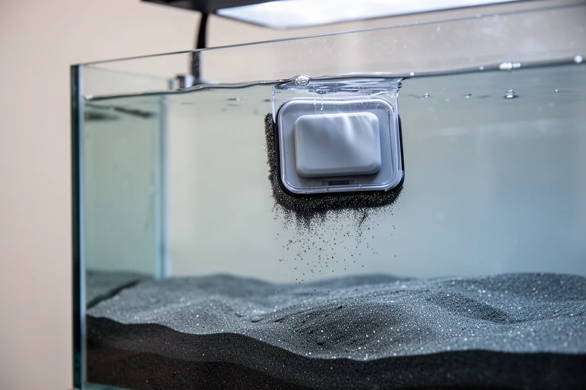 Magnetic glass cleaner resting above a dark sand bed inside an aquarium
