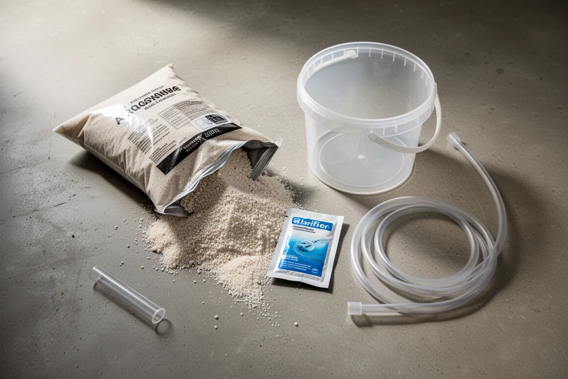 Overhead flat-lay of aquarium setup tools and open bag of aragonite sand