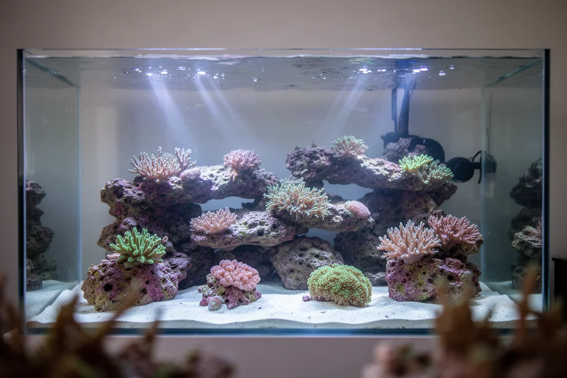 Aquarium récifal mature avec pierres vivantes et éclairage bleu doux