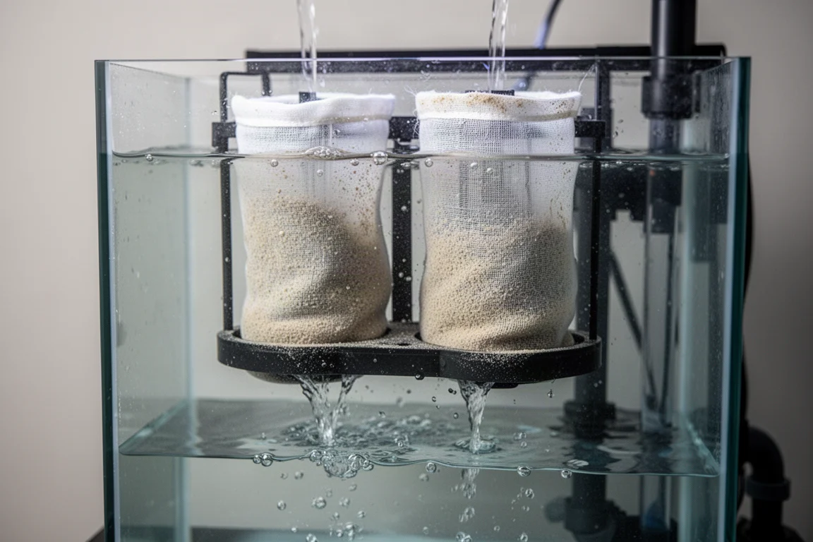 Chaussettes de filtration de décantation retenant les sédiments fins tandis que l'eau trouble de l'aquarium s'éclaircit