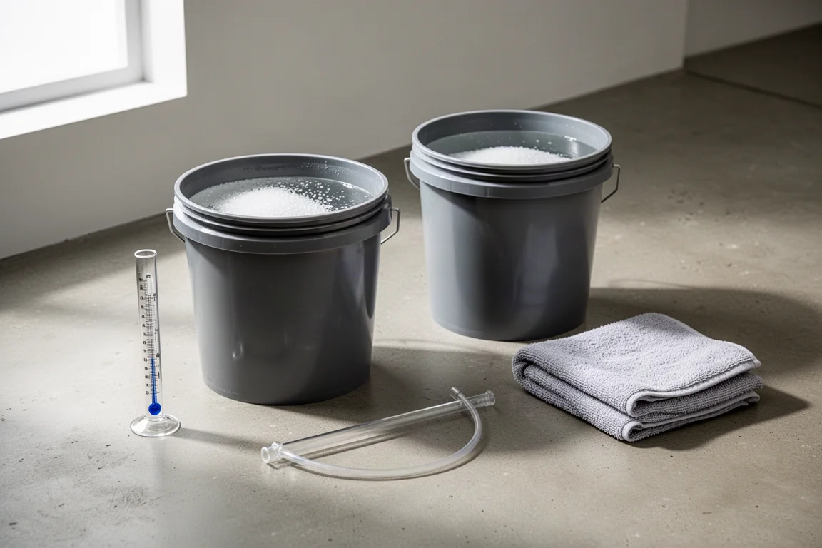 Poste de préparation d'aquarium avec seaux d'eau salée mélangée et outils d'entretien