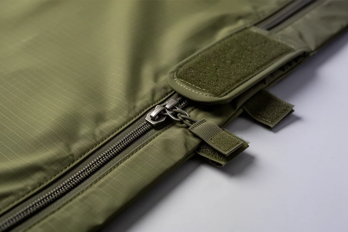 Gros plan sur une fermeture à glissière double et un rabat coupe-vent le long d'un sac de couchage olive