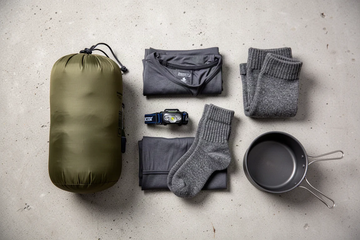 Vue à plat du matériel de camping incluant un sac de compression, des chaussures et une lampe frontale