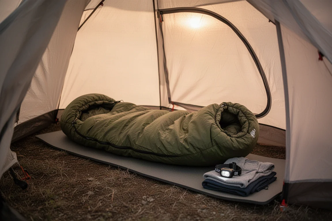 Olijfgroene mummie-slaapzak uitgerold op een slaapmat in een tent bij zonsopgang