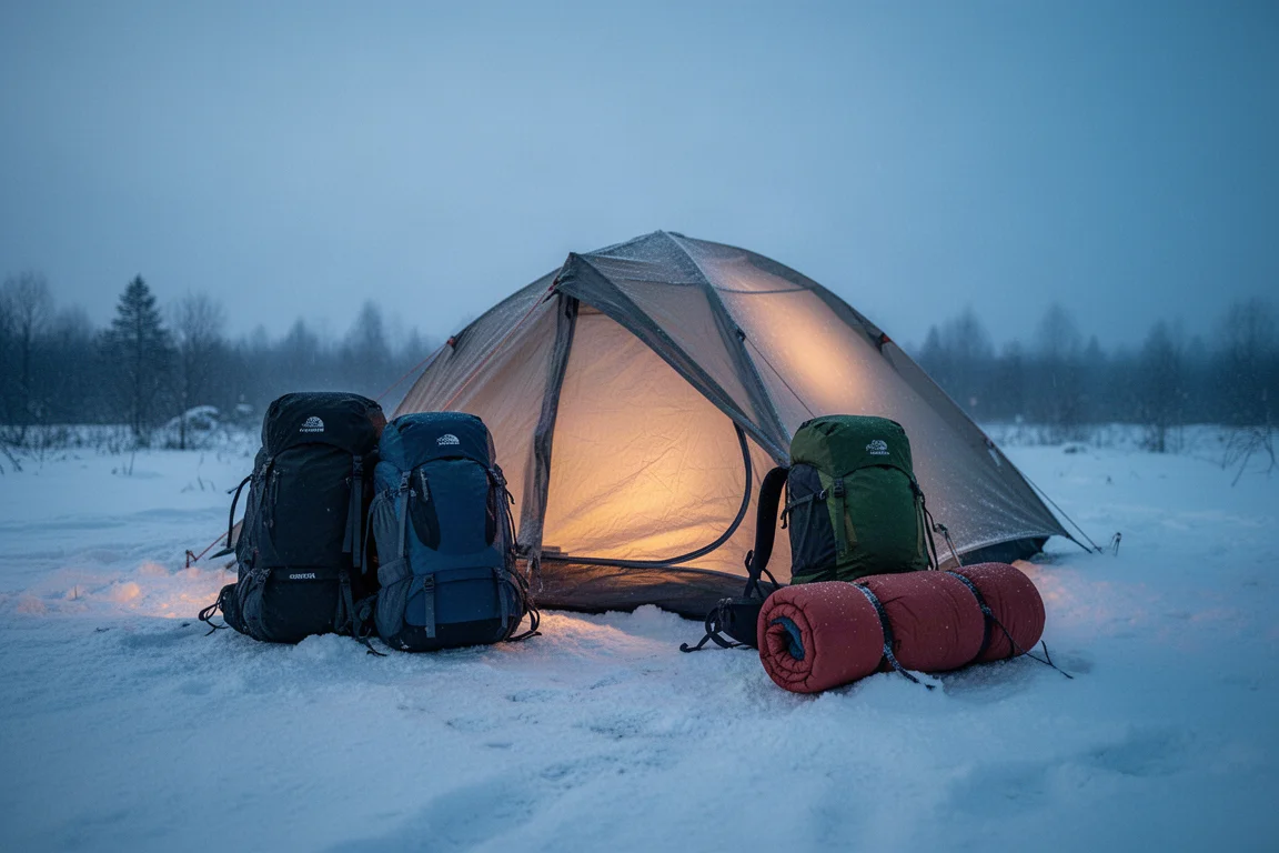 Sneeuwrijke winterkampeerplaats in het blauwe uur met een gloeiende tent en ingepakte spullen