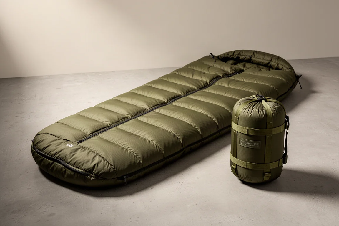 Olive Carinthia Defense One sleeping bag with compression stuff sack on concrete