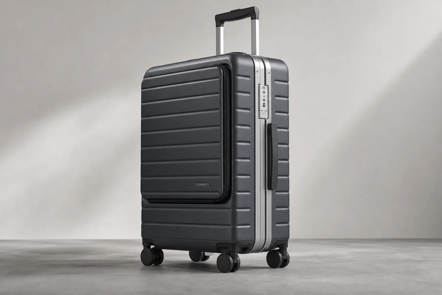 Flat-lay arrangement of 12 essential travel items on grey concrete surface