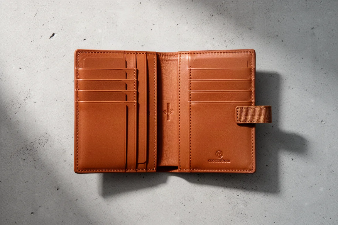 Carteira vertical bifold aberta mostrando porta-cartões empilhados e uma puxador