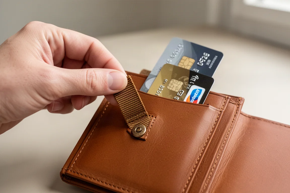Mão puxando uma aba de nylon para levantar cartões do bolso da carteira