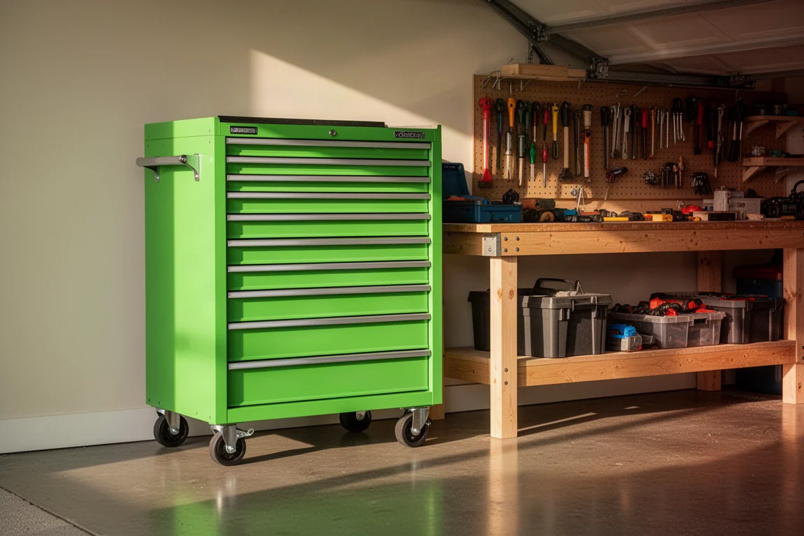 Rolling tool cabinet in bright green parked next to a workbench in a tidy garage