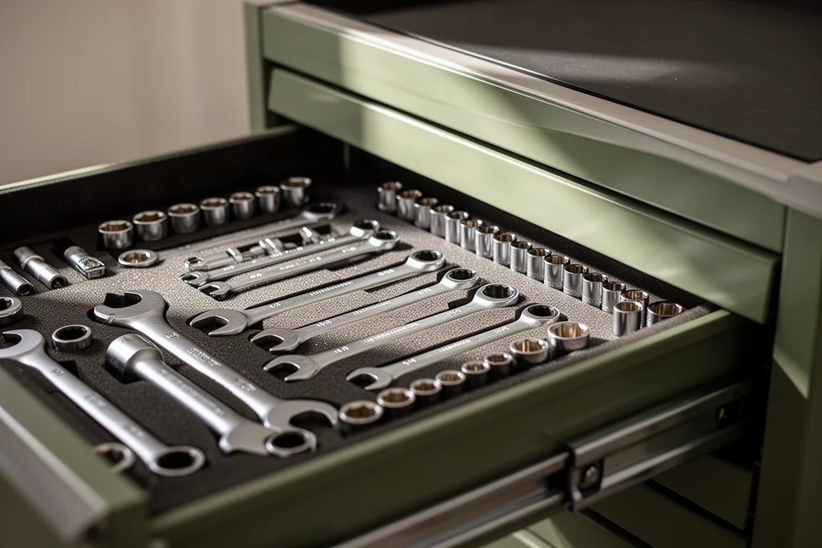 Open tool cabinet drawers filled with neatly arranged wrenches and sockets