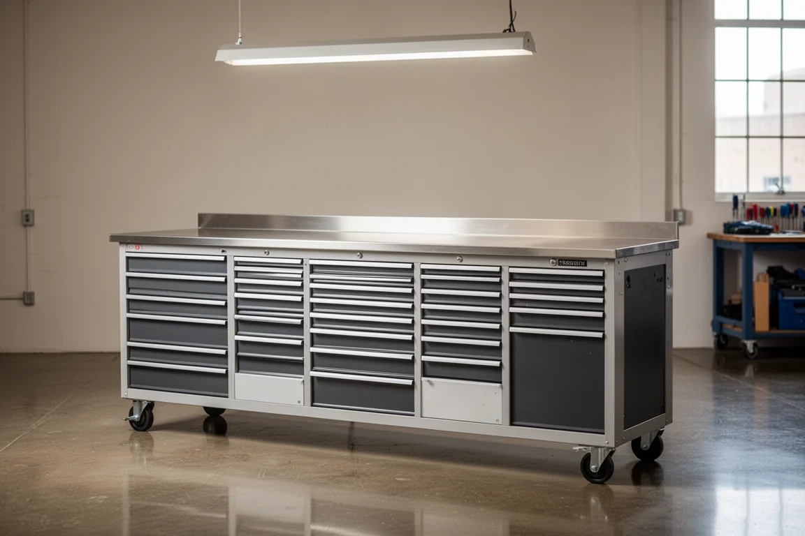Wide six-foot tool cabinet with full drawer bank in a professional workshop