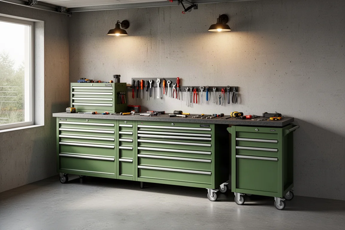 Tool cart and cabinet arrangement along a garage wall with overhead lighting