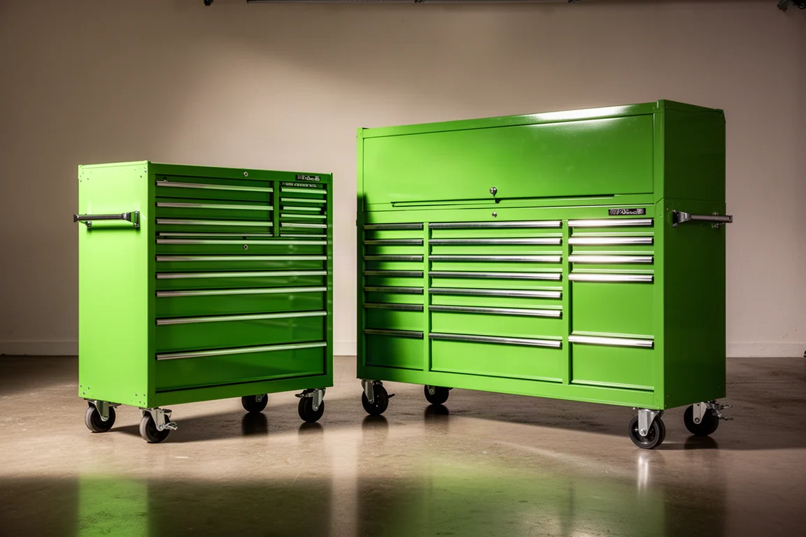 Two green rolling tool cabinets side by side on a polished garage floor