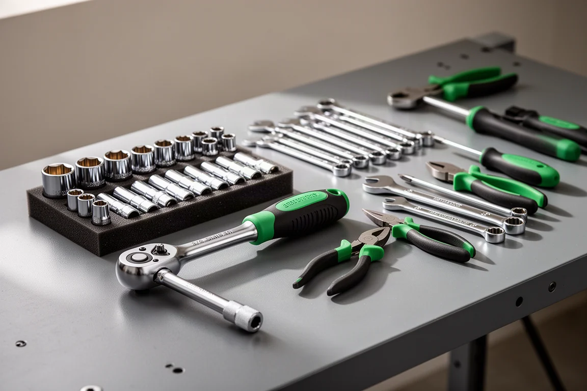 Spread of Carlyle hand tools including ratchet, sockets, wrenches, and pliers on a workbench
