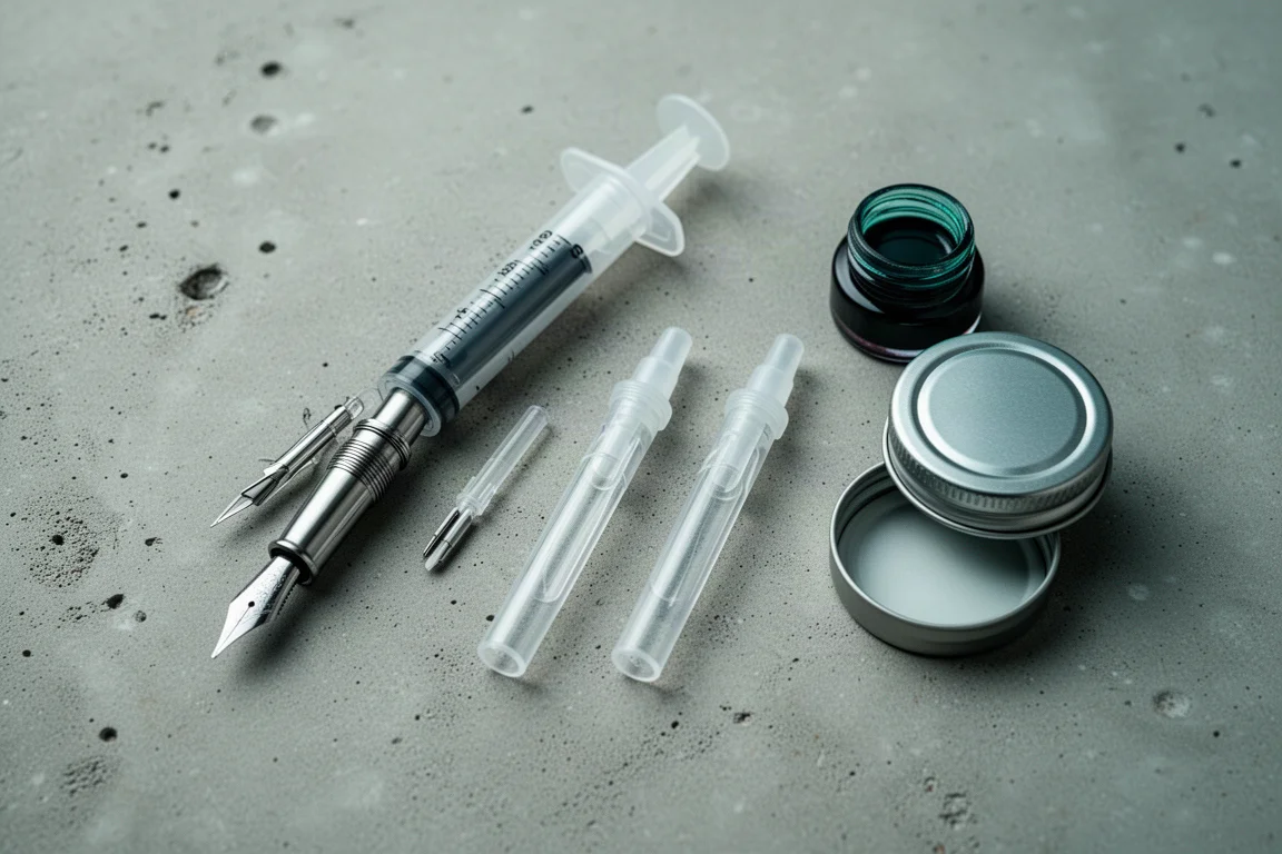 Peças da caneta dispostas para conversão, incluindo pena, seringa e cartuchos de tinta