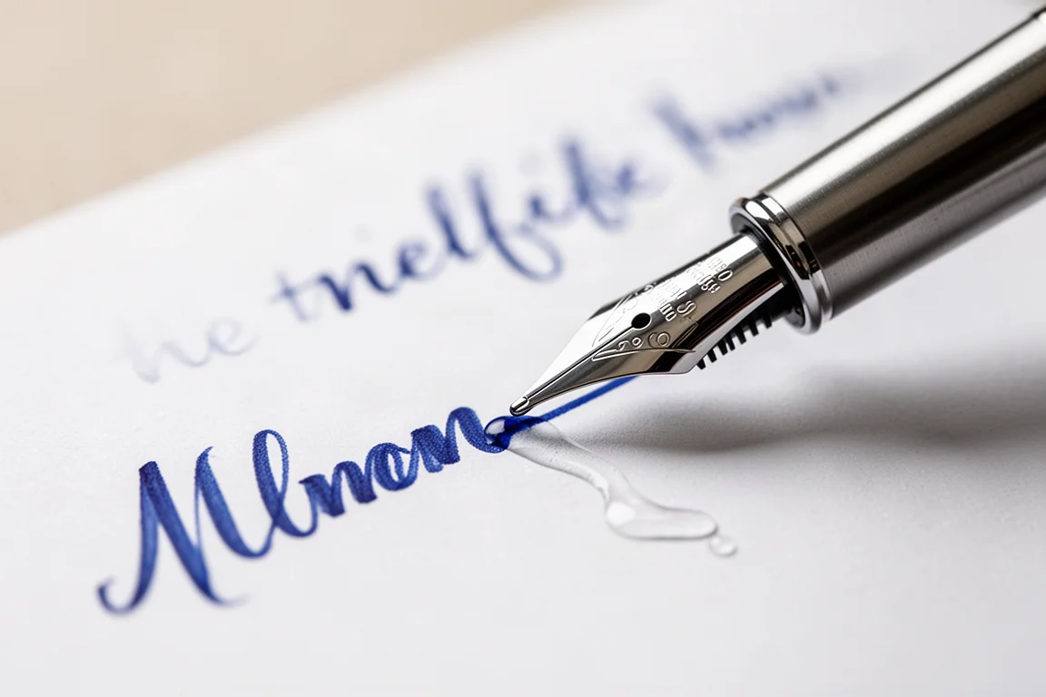 Pena de caneta-tinteiro escrevendo com tinta azul saturada em papel branco