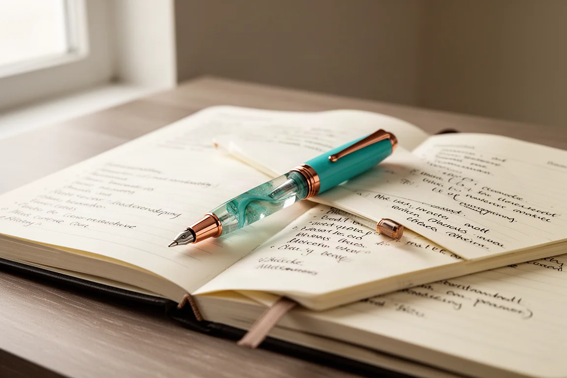 Caneta rollerball apoiada sobre uma agenda ao lado de anotações