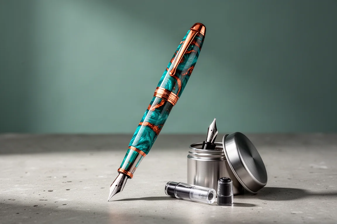 Bespoke turquoise and copper resin fountain pen beside a small canister of conversion parts