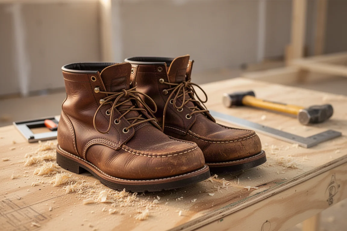 Bottes de travail en cuir brun sur un chantier de menuisier, à côté d'outils de charpente