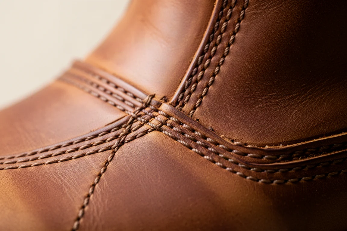Gros plan sur la triple couture des tiges en cuir brun des bottes