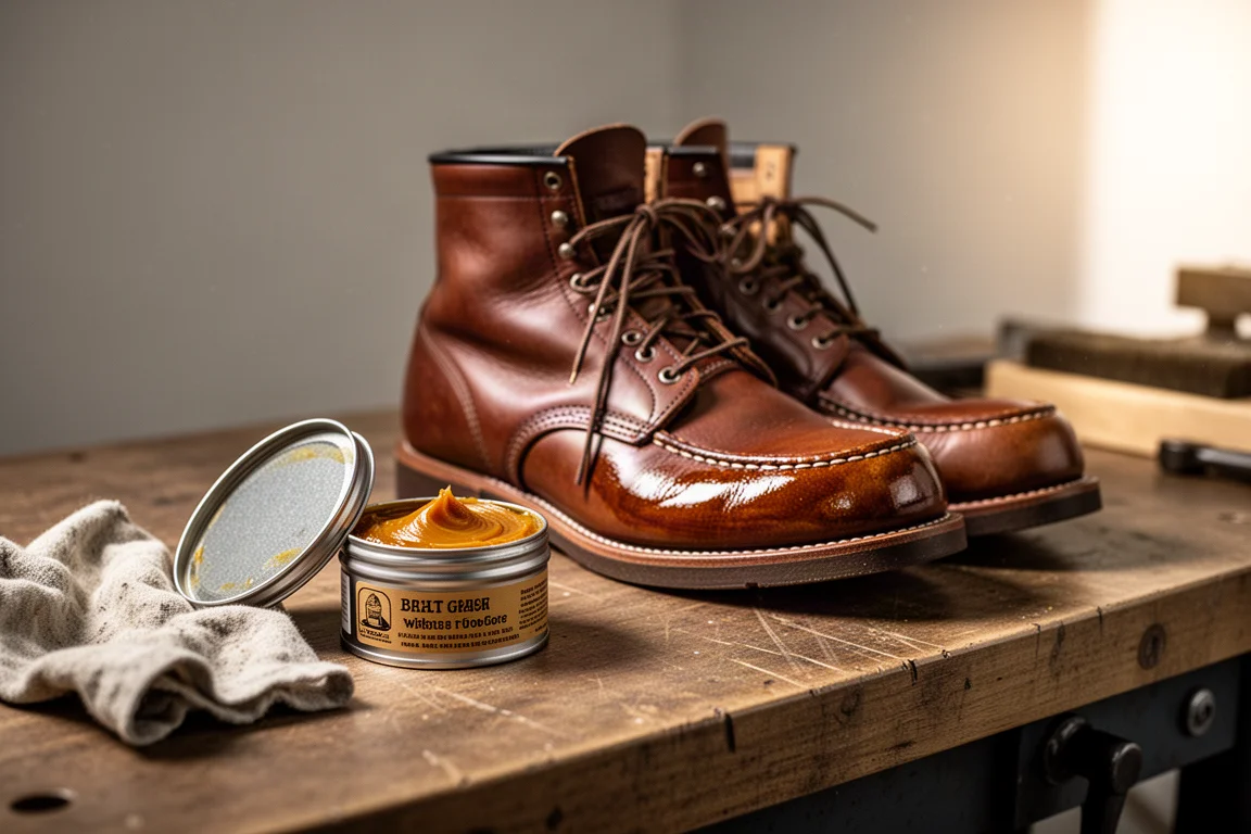 Boîte de graisse pour bottes à côté de bottes en cuir nettoyées et huilées
