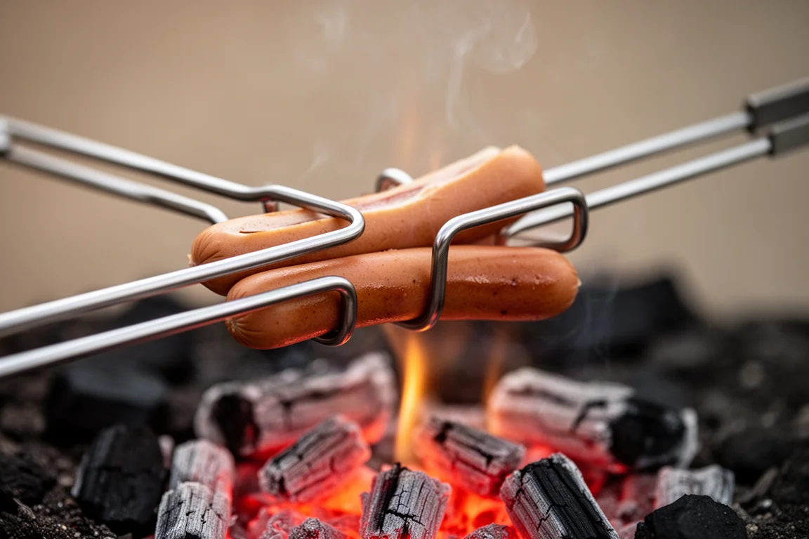 Zbliżenie stalowych zębów patyczka do pieczenia trzymających dwa hot dogi nad żarem