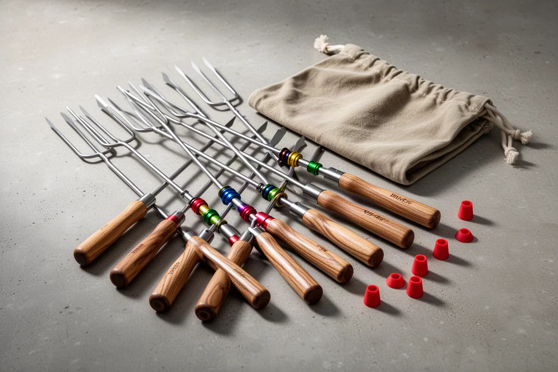 Six telescoping roasting sticks with wooden handles beside a canvas pouch on concrete