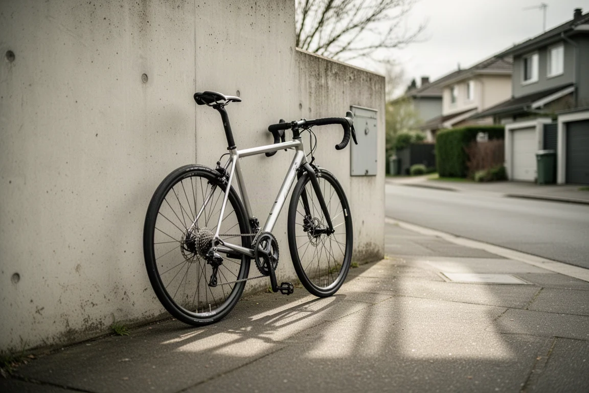 Vélo de route d'entrée de gamme appuyé contre un muret en béton dans un parking calme au lever du soleil