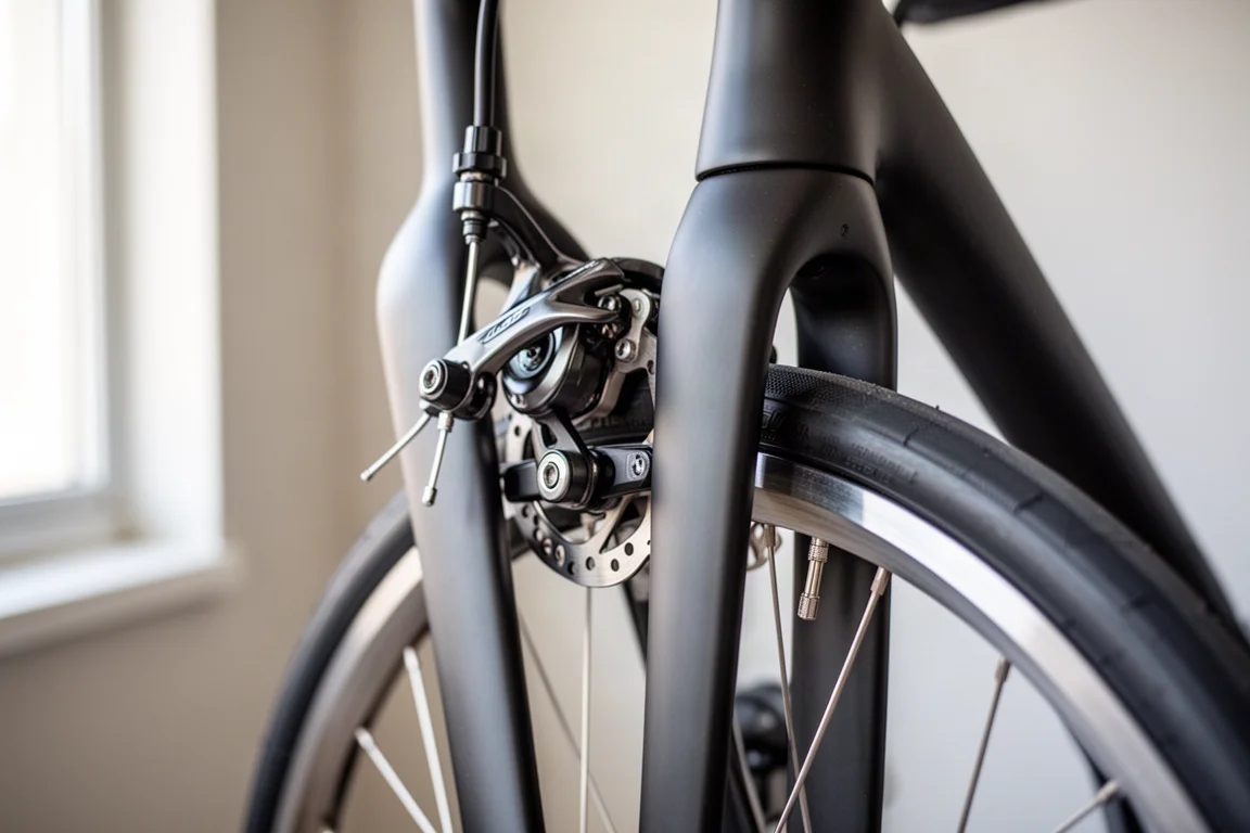 Gros plan sur un disque de frein avant et un étrier mécanique sur une roue de vélo de route