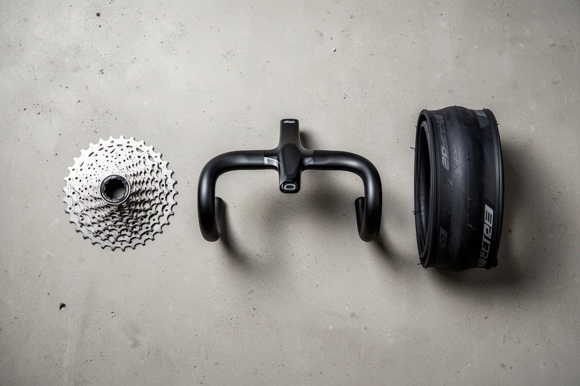 Vue à plat des pièces d'amélioration d'un vélo de route sur un sol d'atelier en béton