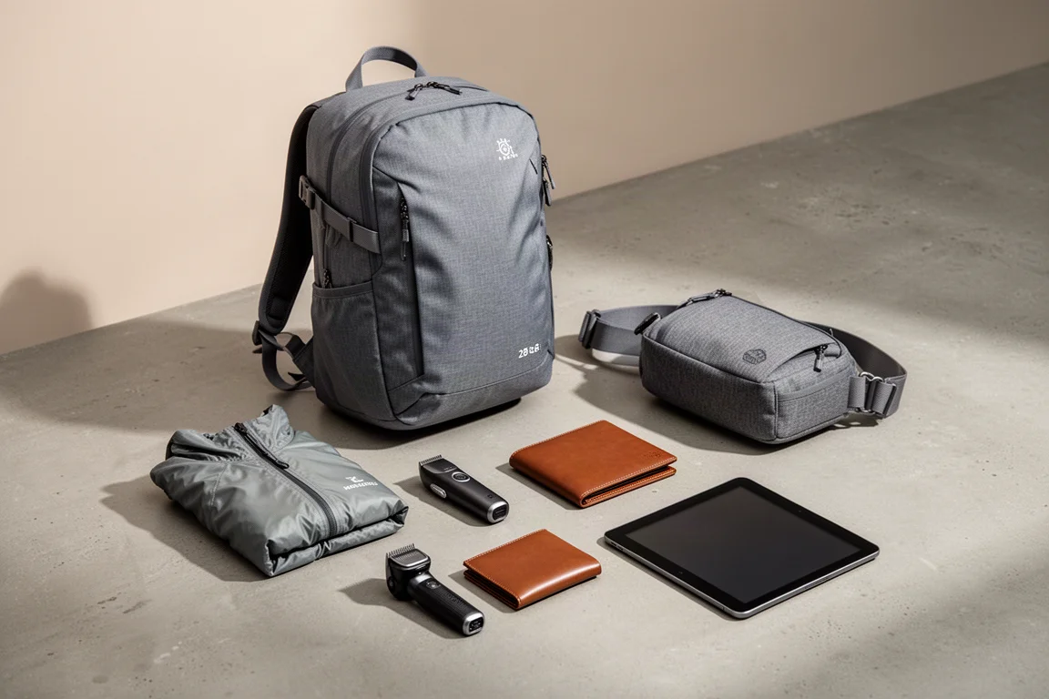 Flat-lay of carry-on travel gear including backpack, jacket, trimmer, wallet, sling, and tablet on concrete