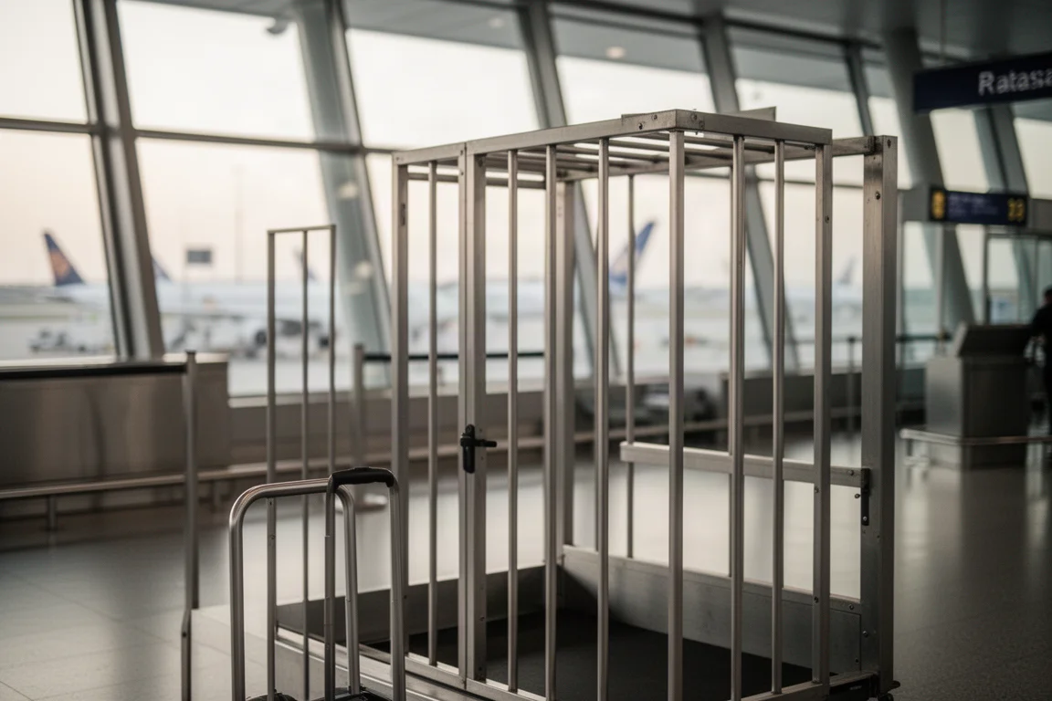 Un viaggiatore misura una valigia trolley contro il misuratore di bagagli in aeroporto