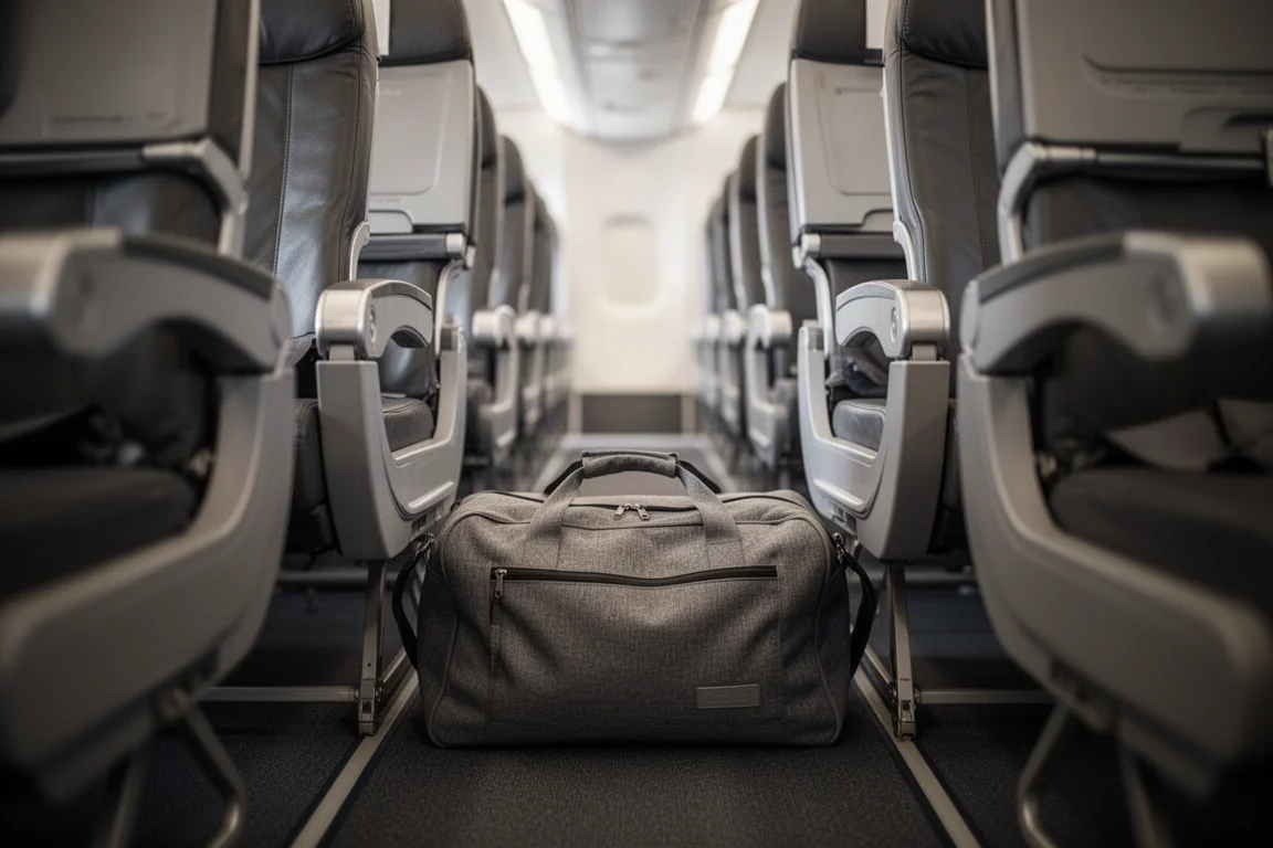 Borsa da oggetto personale infilata sotto il sedile di un aereo