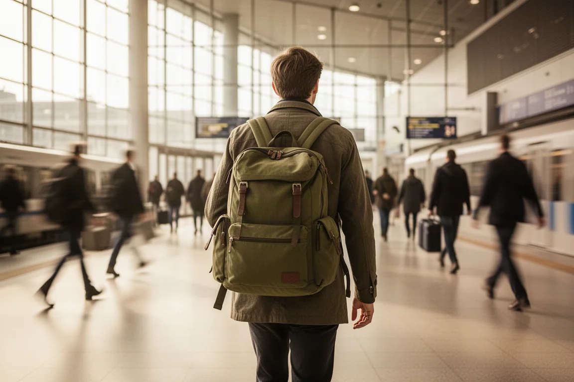 Un viaggiatore cammina in una stazione ferroviaria con uno zaino compatto