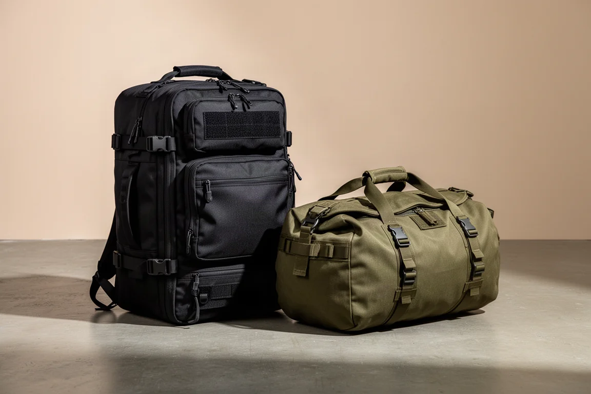 Große schwarze Handgepäck-Reiseduffel neben einem kleineren olivgrünen Pack in Größe eines persönlichen Gegenstands