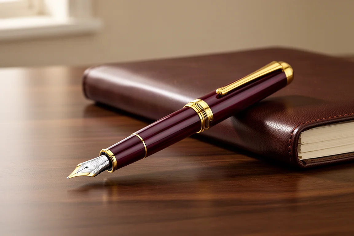 Burgundy lacquered Cartier Diablo fountain pen with gold trim on a dark desk