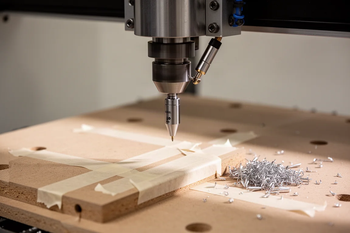 CNC de mesa medindo uma peça de trabalho com uma sonda de toque XYZ