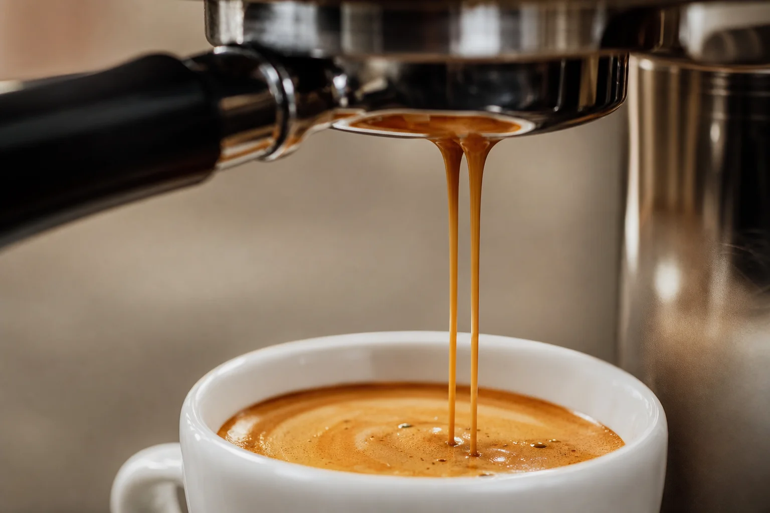 Espresso shot pulling into a white cup with golden crema on surface
