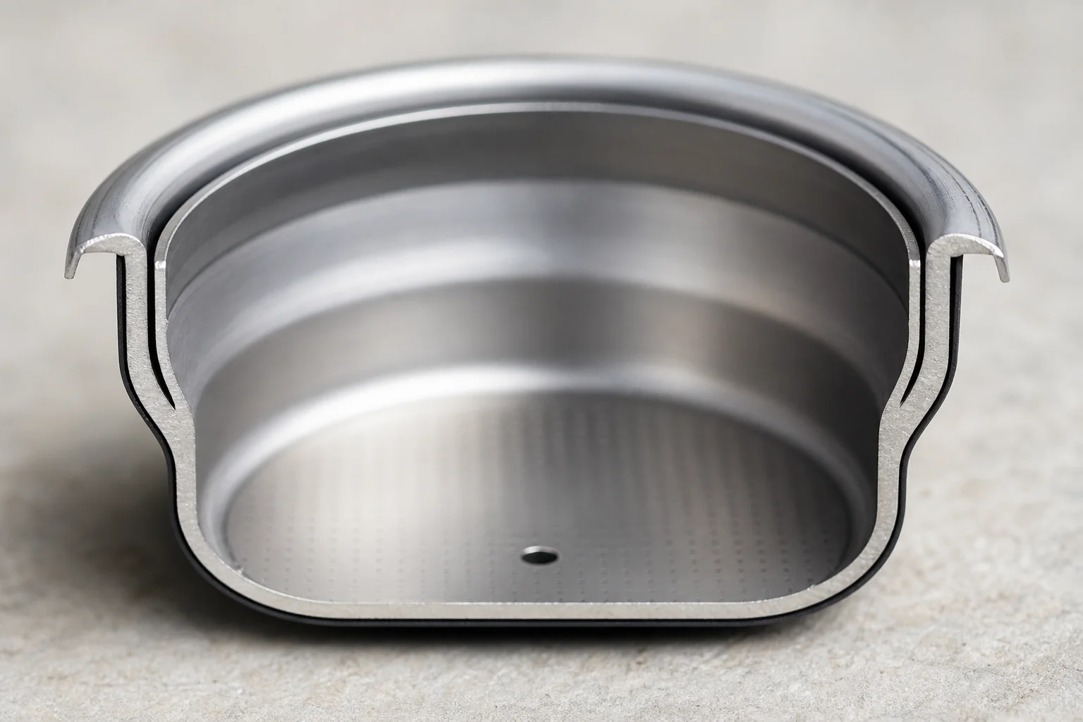 Pressurized espresso basket showing double-wall design and single bottom hole