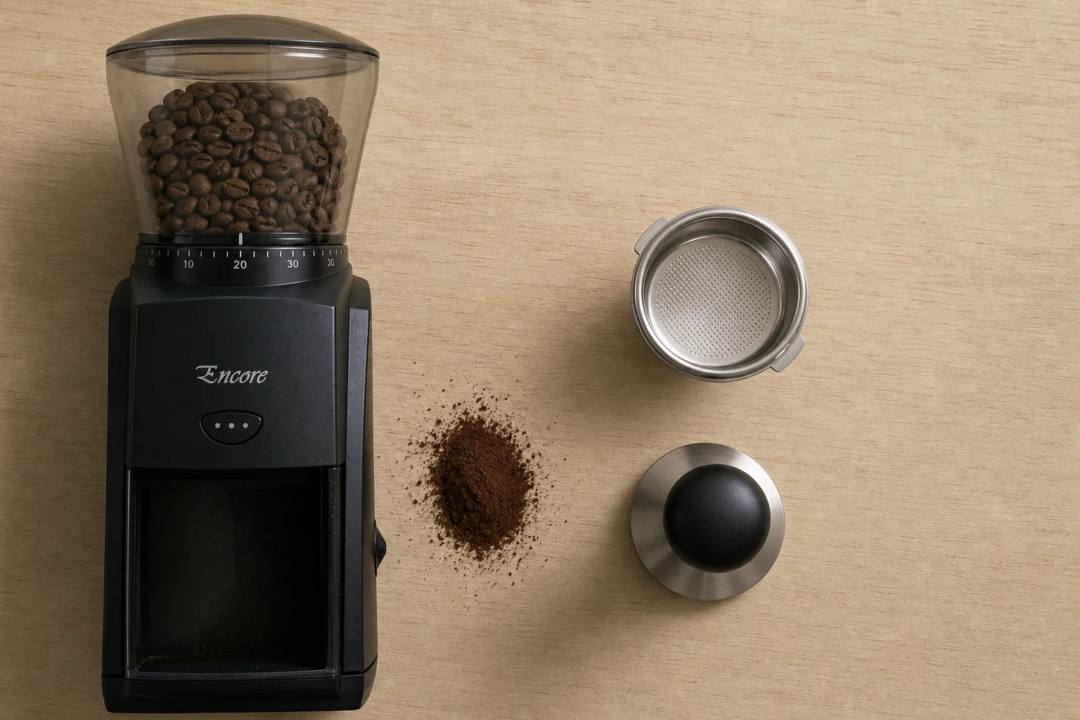 Espresso grinder, non-pressurized basket, and metal tamper on wooden surface