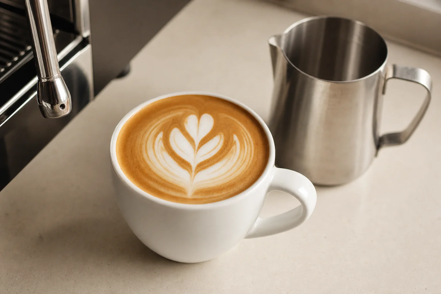 Latte with tulip latte art in cup with milk pitcher and steam wand nearby