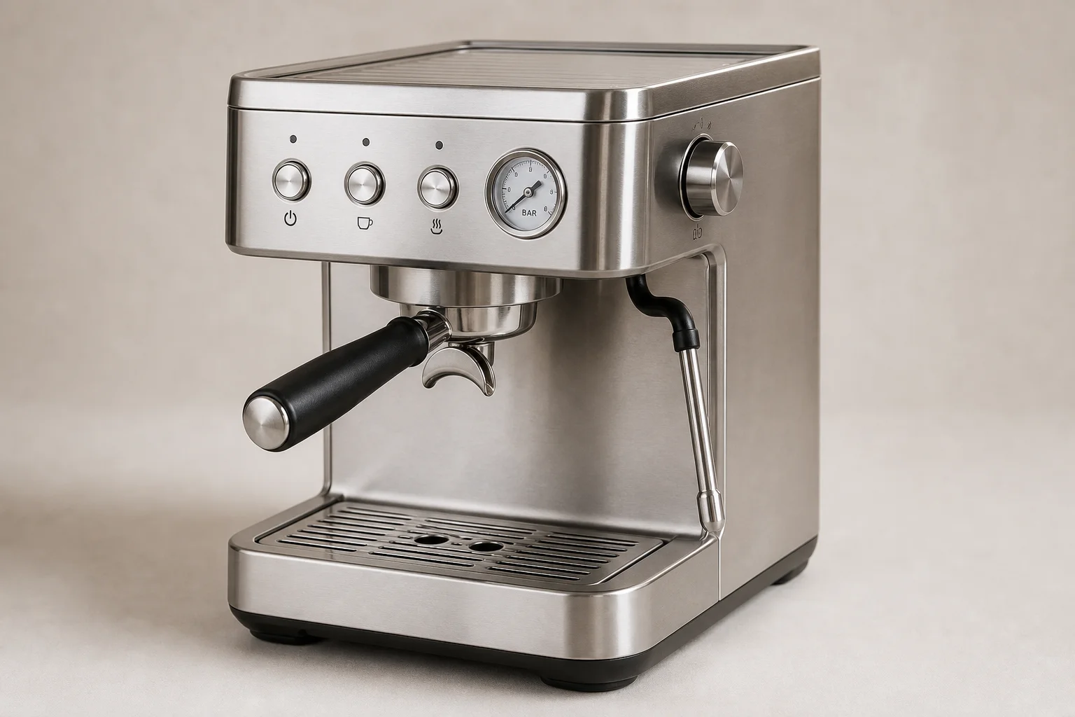 Casabrews CM5418 compact stainless steel espresso machine on neutral backdrop