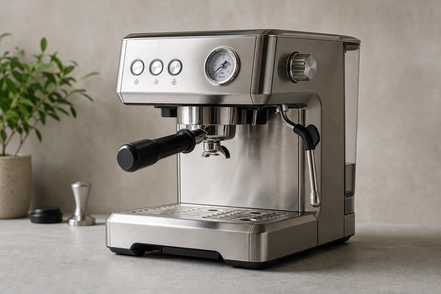 Five espresso machines arranged by size from compact to professional on concrete surface