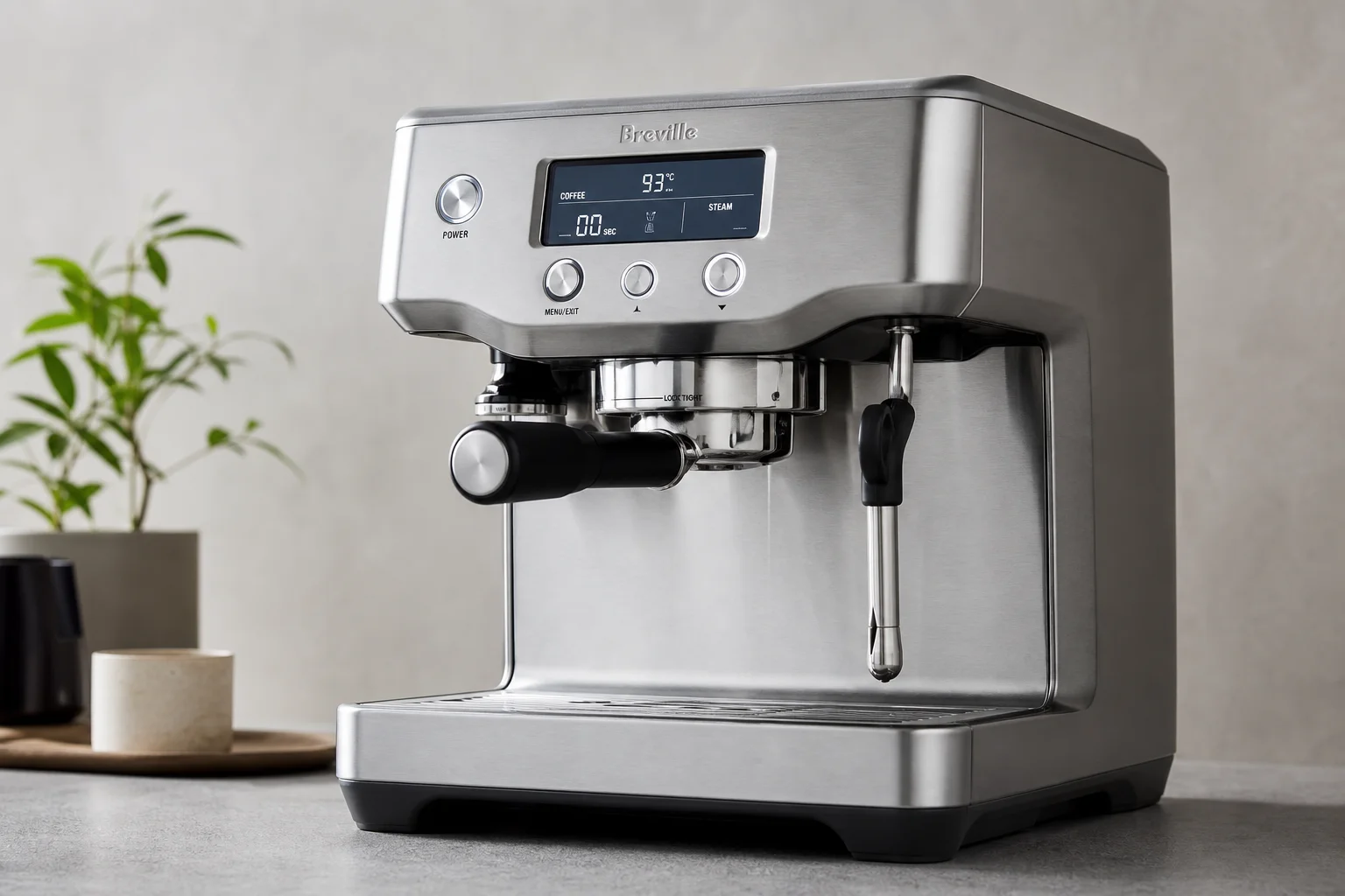 Five espresso machines arranged by size from compact to professional on concrete surface